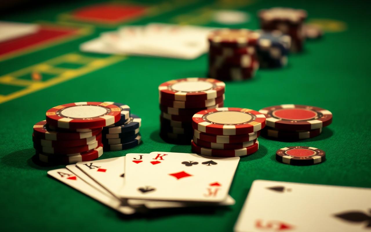 Poker chips and cards on green felt
