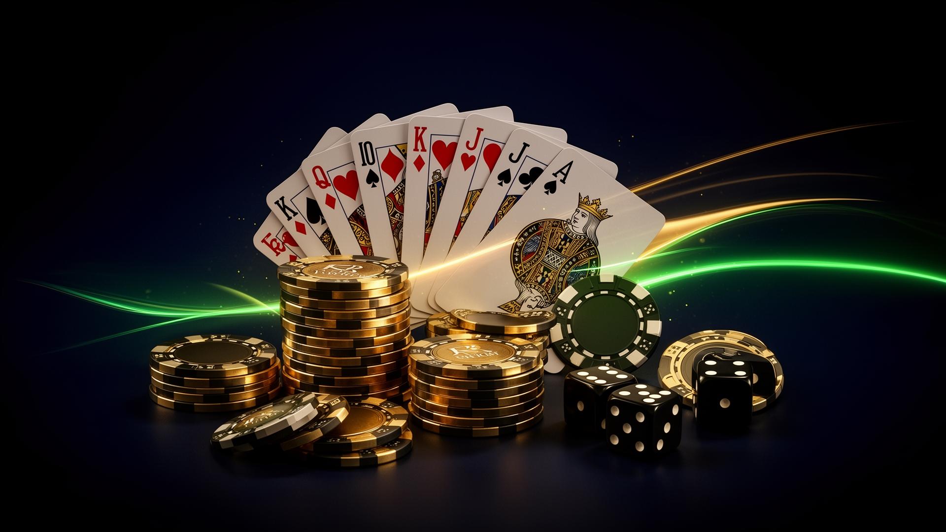 Premium casinoupplevelse med guldmarker, kortspel och tärning i lyxig miljö