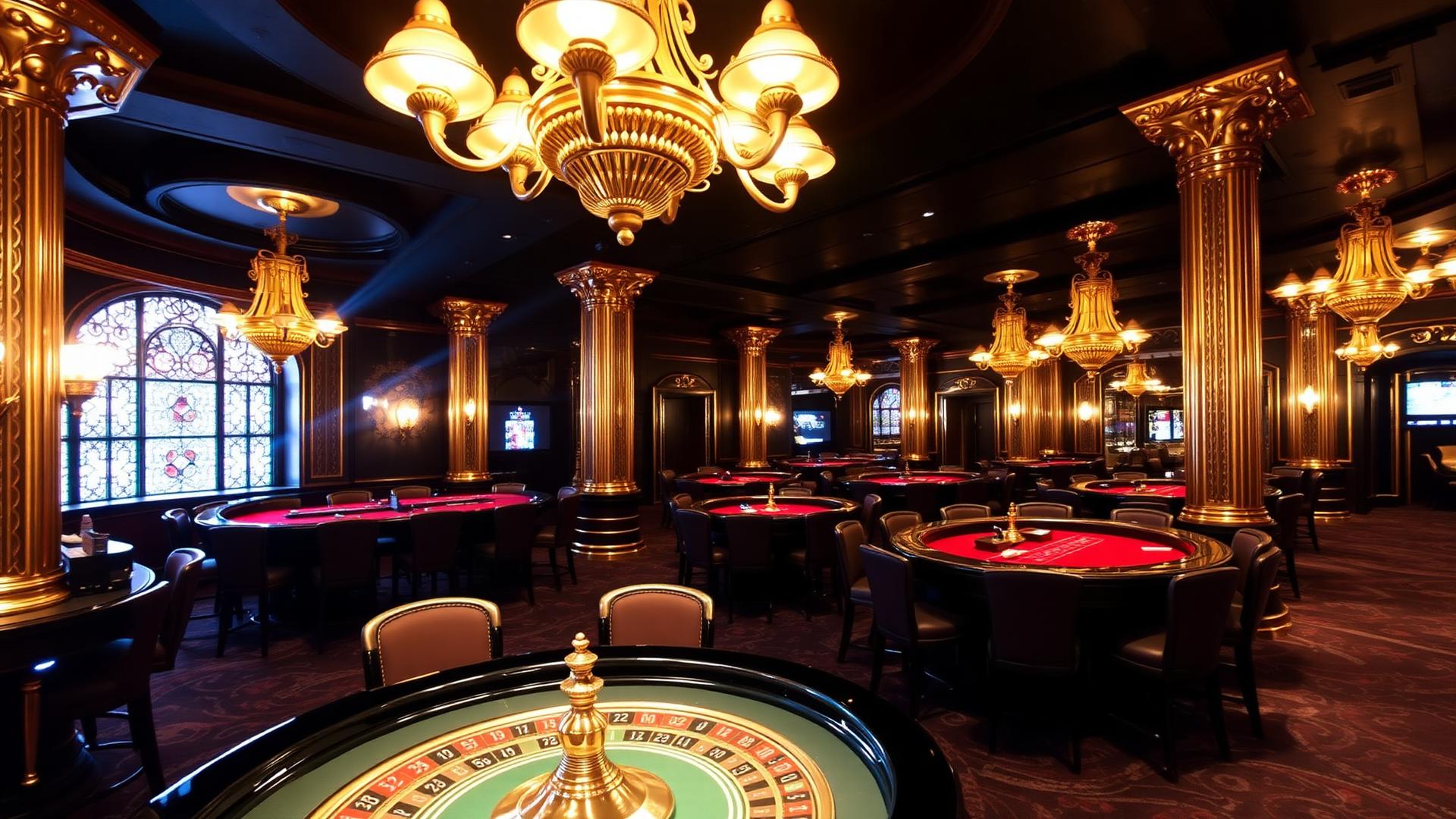 Luxury casino interior with roulette and chandeliers